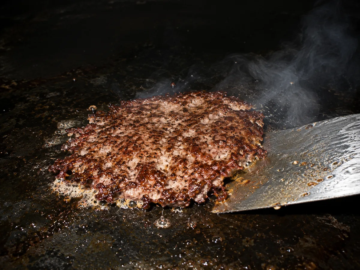 Steak écrasé sur la plaque, spatule dessous